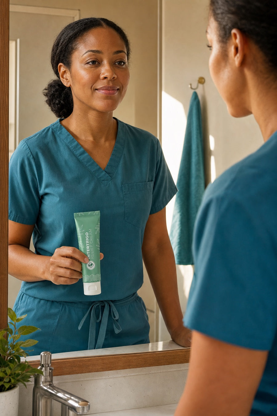 A nurse in scrubs at the mirror holding the Intertrigo Relief Cream tube