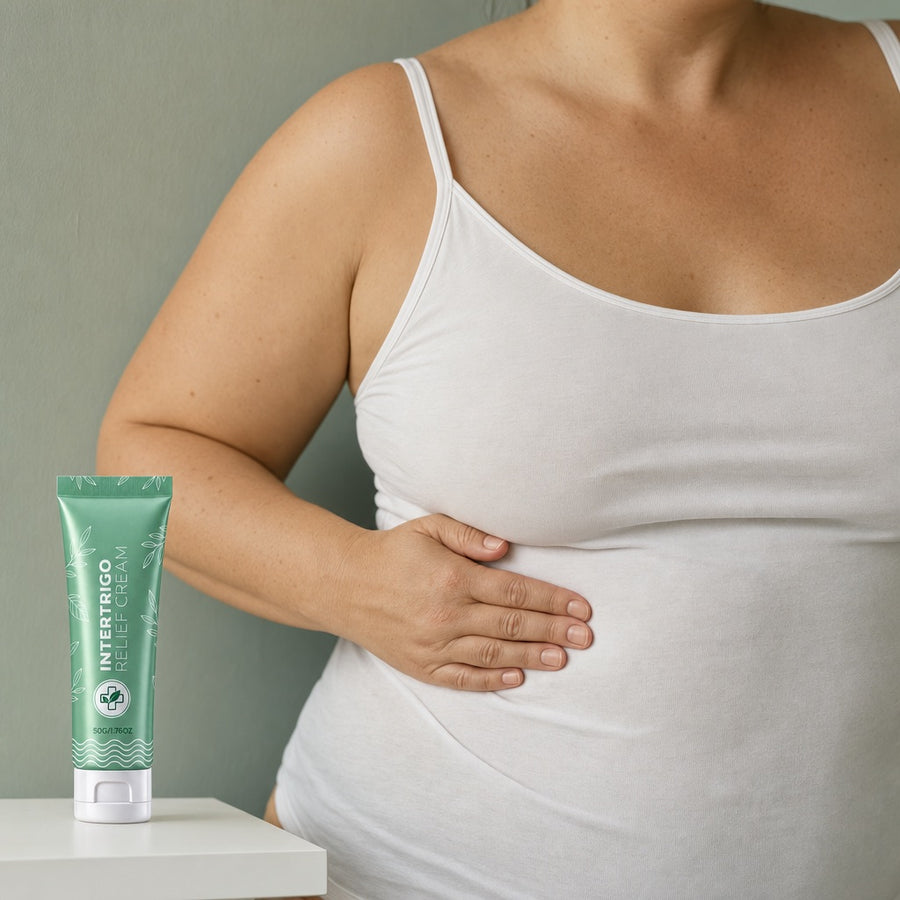 A hand at the bra-band line, the tube on the shelf