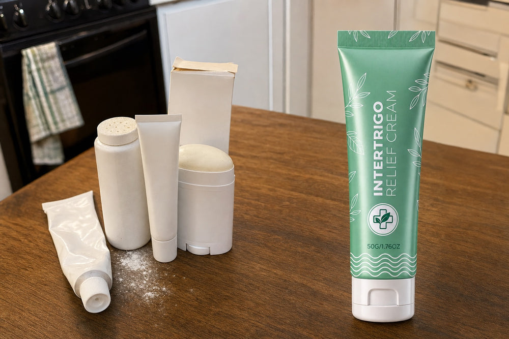 Five plain old remedies beside one tube of Intertrigo Relief Cream