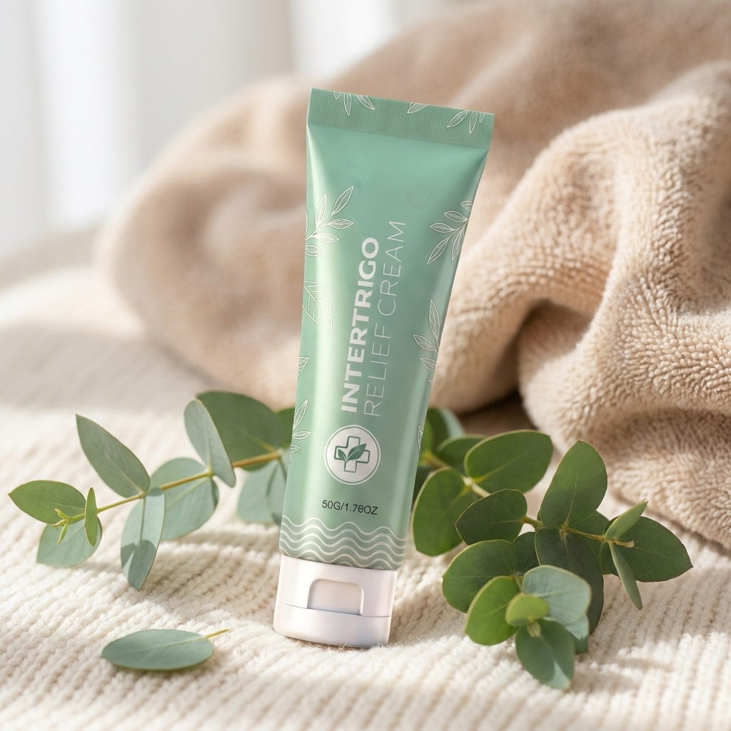 A tube of Intertrigo Relief Cream with fresh green leaves